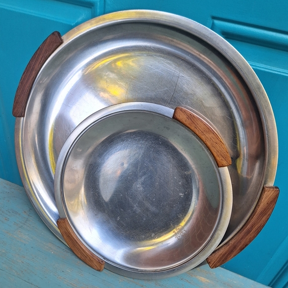 Vintage Stainless Steel Tray Teak Wood Handles MCM Metal Platter Modern Display - Picture 6 of 15